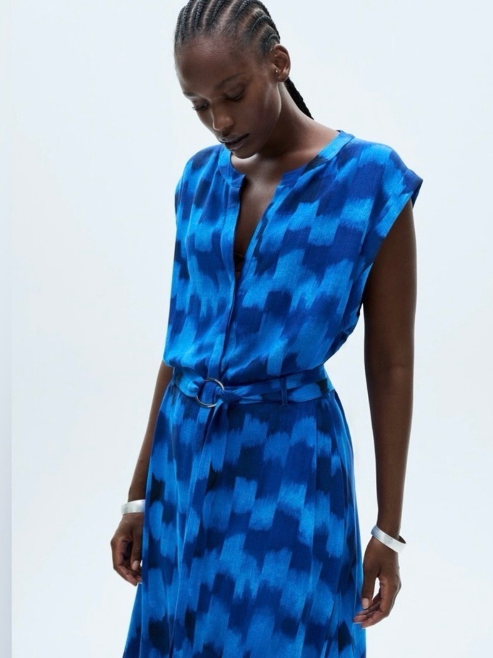 Mango Blue Geometric Patterned Midi Dress